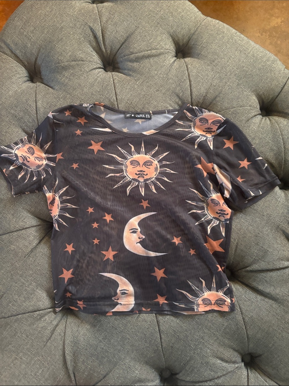 Zaful Black Mesh Crop Top with Orange Sun & Moon Print